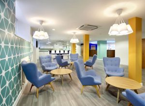 a colourful and modern office area