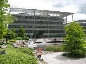 a building surrounded by trees